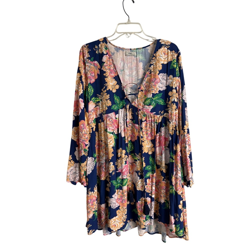 Maaji Womens‎ Fairy Dress Floral Tassels Boho Peasant Coastal Beach Navy L